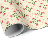 Papier Cadeau Motif rose et vert floral d'art populaire (Coin rond)