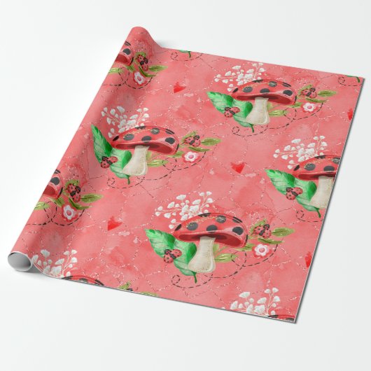 Papier Cadeau Motif Rose Lady Bug Et Champignons (Déroulé)