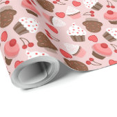 Papier Cadeau Motif rose mignon de petits gâteaux, de coeurs et (Coin rond)