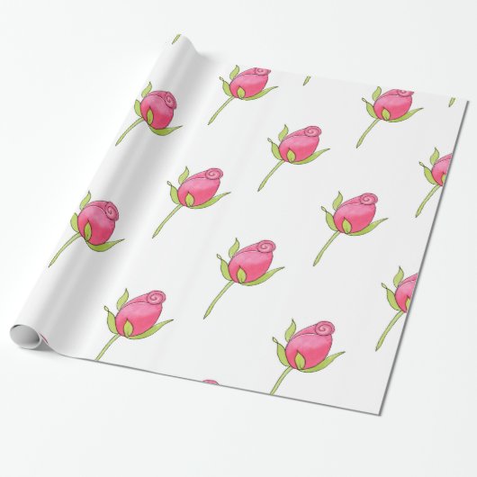 Papier Cadeau Motif Rosebud Aquarelle rose (Déroulé)