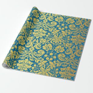 Papier Cadeau Motif royal élégant de damassé de bleu et d'or