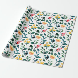 Papier Cadeau Motif rustique stylisé de fleurs d'aquarelle jaune