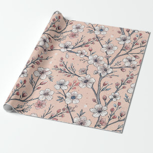 Papier Cadeau Motif Sakura Fleur de Cerisier Rose sur Fond Rose