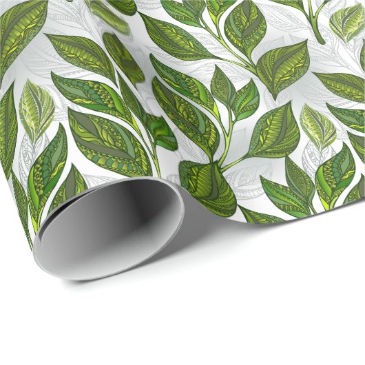 Papier Cadeau Motif sans couture avec Feuilles de thé vert (Coin rond)