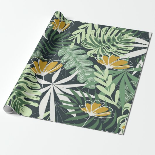 Papier Cadeau Motif sans couture avec feuilles tropicaux et fleu (Déroulé)