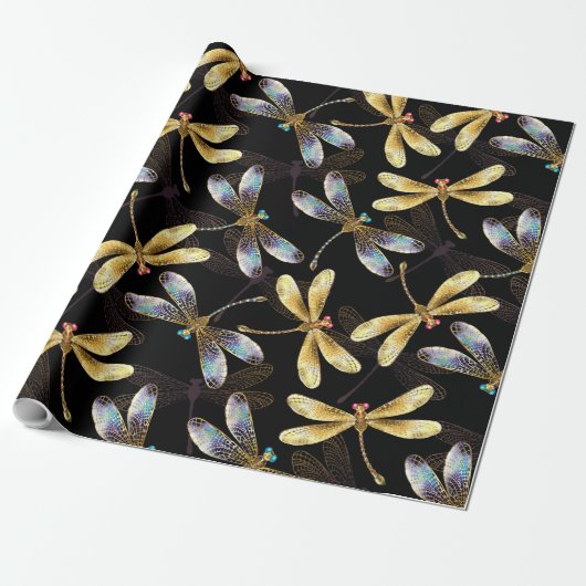Papier Cadeau Motif sans couture avec libellules dorées (Déroulé)