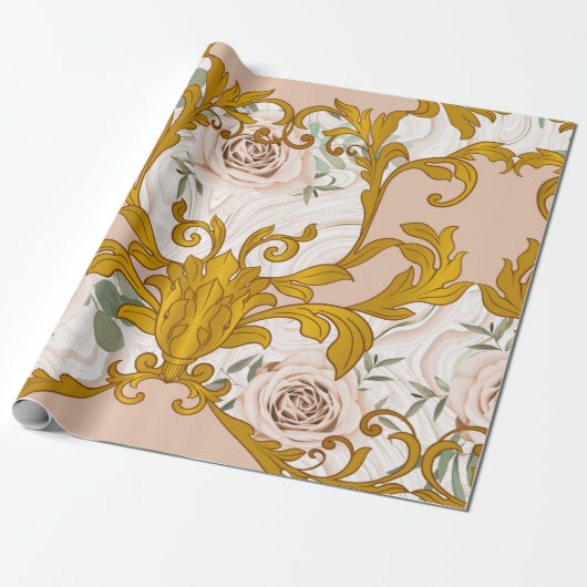 Papier Cadeau Motif sans couture avec roses et doré baroque (Déroulé)