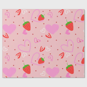 Papier Cadeau Motif sans couture de fraises et de cœurs mignons