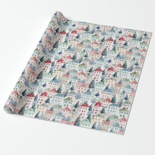 Papier Cadeau Motif sans couture de maisons de Noël à l'aquarell