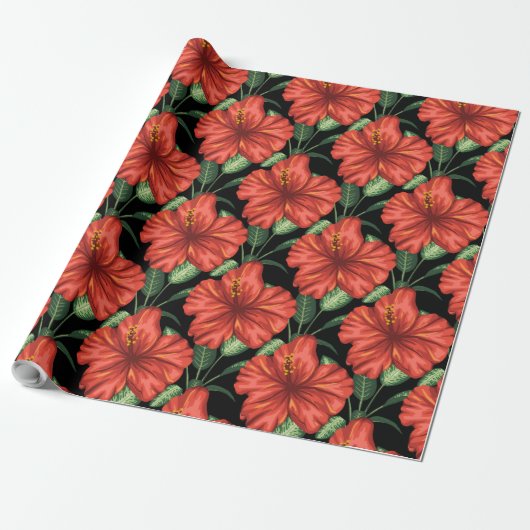 Papier Cadeau Motif sans couture Fleurs rouges tropicales feuill (Déroulé)