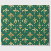 Papier Cadeau Motif sans soudure à fleur de lis or sur vert (Plat)