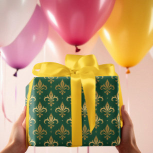 Papier Cadeau Motif sans soudure à fleur de lis or sur vert