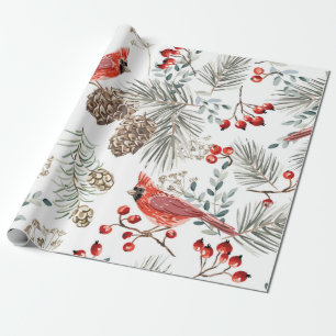 Papier Cadeau Motif sans soudure de Noël, oiseaux cardinaux, rou