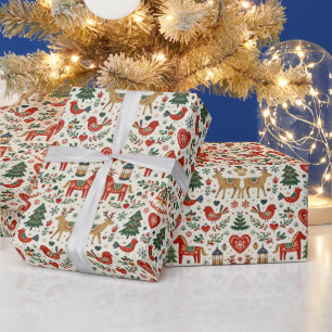 Papier Cadeau Motif scandinave rouge et vert de Noël folklorique