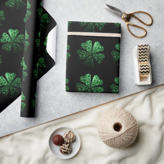 Papier Cadeau Motif Shamrock brillant vert foncé sur noir (Artisanat)