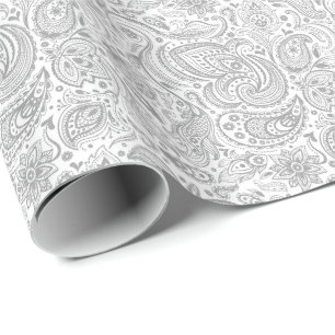 Papier Cadeau Motif Silver Grey Et Blanc Floral Paisley