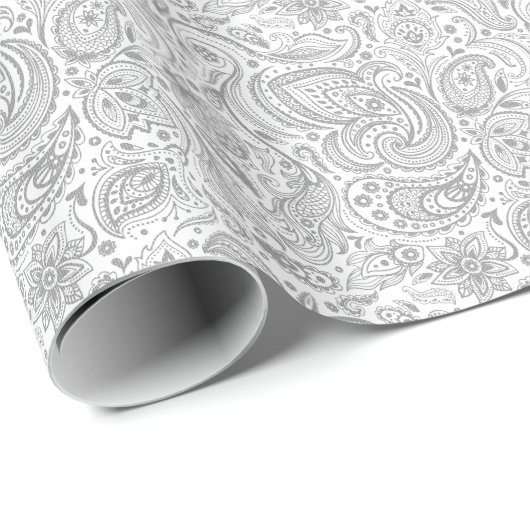 Papier Cadeau Motif Silver Grey Et Blanc Floral Paisley (Coin rond)