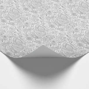 Papier Cadeau Motif Silver Grey Et Blanc Floral Paisley