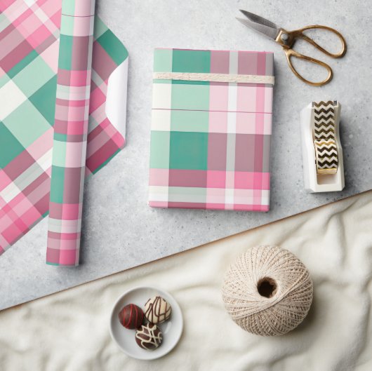 Papier Cadeau Motif Tartan Plaid Rose Et Mint Vert (Artisanat)