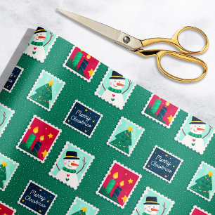 Papier Cadeau Motif timbre postal vert de vacances de Noël