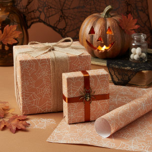 Papier Cadeau Motif Toile d'araignée Halloween Orange Blanc ID13