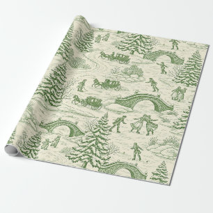 Papier Cadeau Motif Toile de Jouy Vert Crème Victorien Hiver