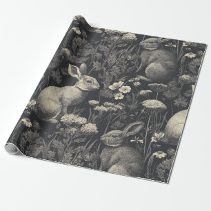Papier Cadeau Motif Toile de Lapin Vintage sur Fond Noir Botaniq