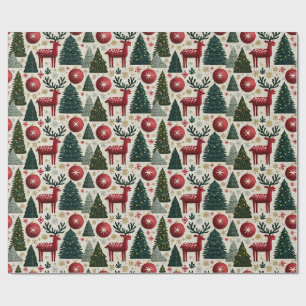 Papier Cadeau Motif traditionnel de Noël avec rennes sur l'arbre