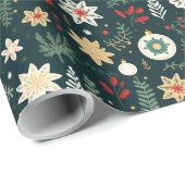 Papier Cadeau Motif traditionnel de Noël vert (Coin rond)
