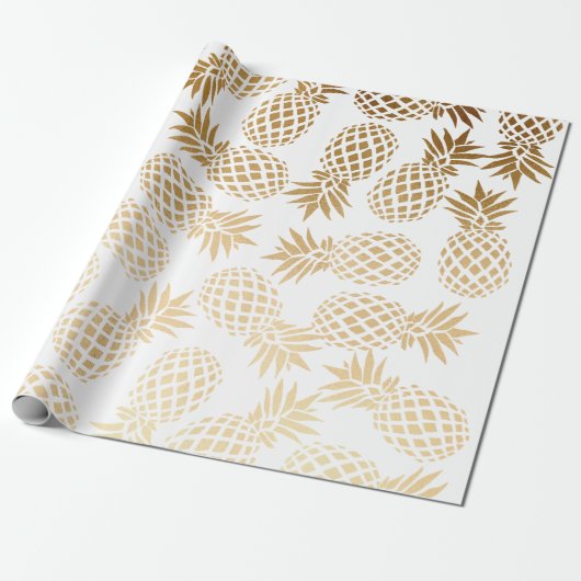 Papier Cadeau motif tropical d'ananas d'or élégant de faux (Déroulé)