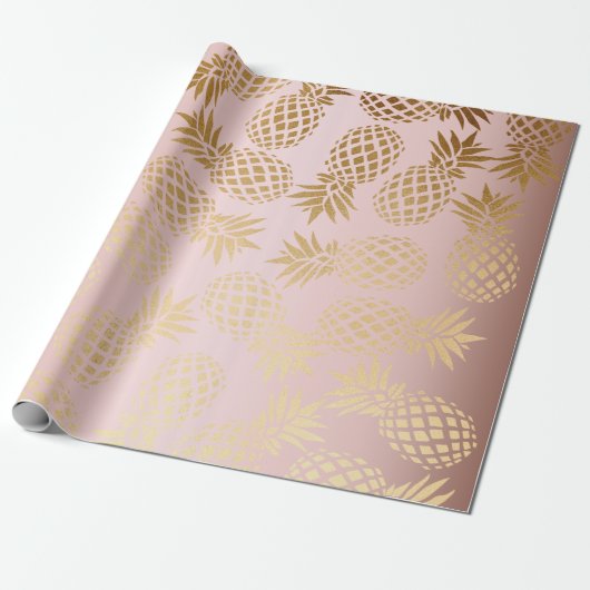 Papier Cadeau motif tropical d'ananas d'or rose élégant de faux (Déroulé)