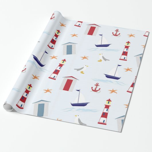 Papier Cadeau Motif tropical de bateaux de phares de plage (Déroulé)