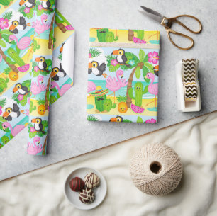 Papier Cadeau Motif tropical d'été avec toucan et flamant rose