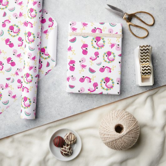 Papier Cadeau Motif tropical, Flamants roses, pastèques, Fleurs (Artisanat)