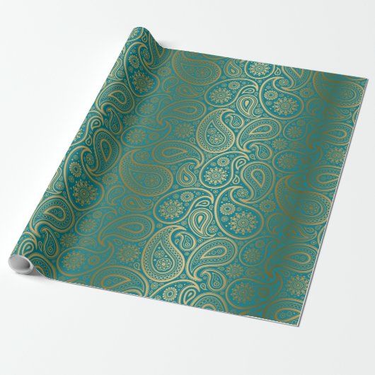 Papier Cadeau Motif Turquoise & Gold Paisley (Déroulé)