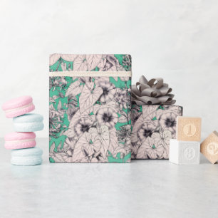 Papier Cadeau Motif vert Turquoise blanc de fleurs graphiques