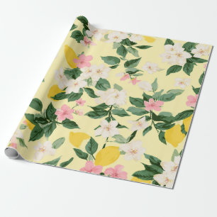 Papier Cadeau Motif vintage citron et fleurs sur jaune