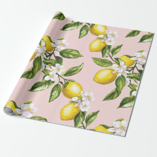 Papier Cadeau Motif vintage citron et fleurs sur rose (2)