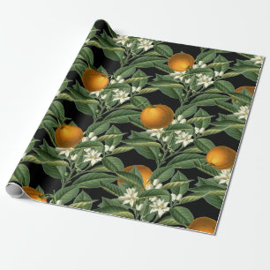 Papier Cadeau Motif vintage de fleurs de fruits oranges botaniqu