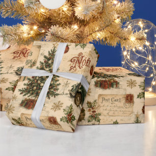 Papier Cadeau Motif vintage de Noël avec Santa et houx