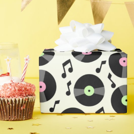 Papier Cadeau Motif Vinyl Records et Music Notes (Fête d'anniversaire)