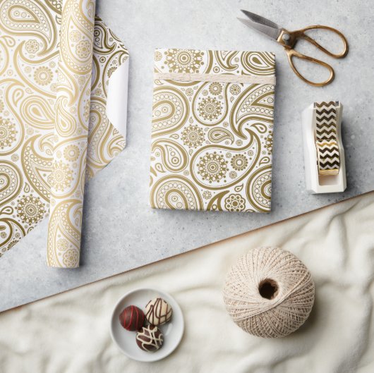 Papier Cadeau Motif White & Gold Paisley (Artisanat)