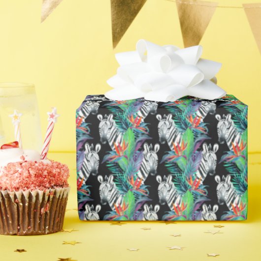 Papier Cadeau Motif Zèbre Et Fleurs Exotiques (Fête d'anniversaire)