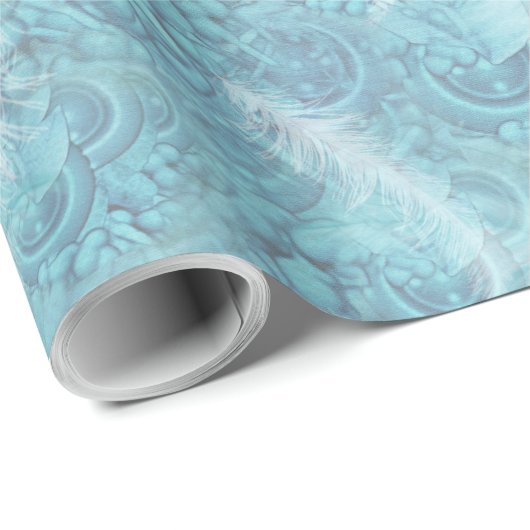 Papier Cadeau Motifs bleu clair pâle avec plumes blanches (Coin rond)