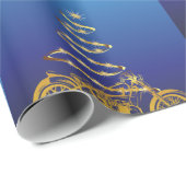 Papier Cadeau moto noël arbre or et bleu (Coin rond)