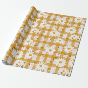 Papier Cadeau Moutarde Jaune Daisy Crème Gingham Maison de Campa