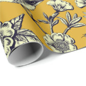 Papier Cadeau Moutarde Jaune et Oiseaux de la Marine, Papillons (Coin rond)