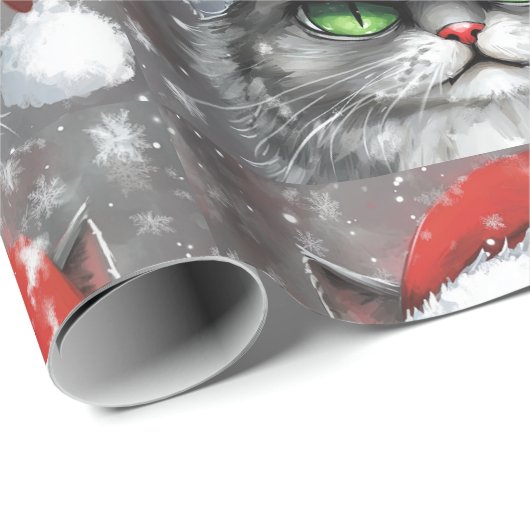 Papier Cadeau Mr. Grumpy Face (Gray) Christmas Cat (Coin rond)