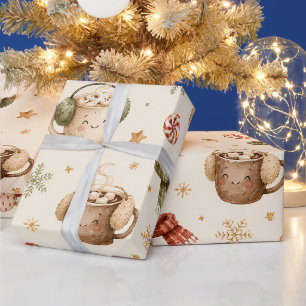 Papier Cadeau Mugs de Cacao Chaud Mignons à l'Aquarelle Noël