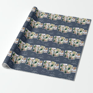 Papier Cadeau Multi photo moderne élégant script bleu marine